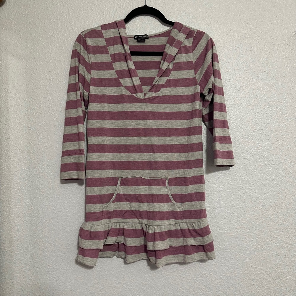Miss Chievous Striped Ruffle Hem Tunic Hoodie Purple Gray Large